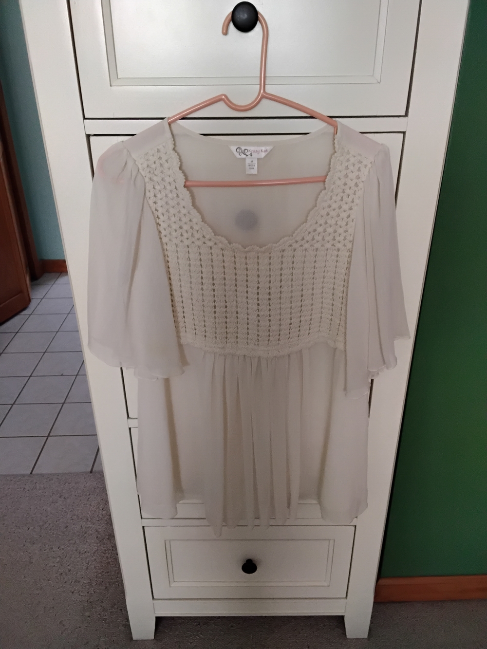 krazy kat Cream Crochet Yoke  Sleeve Chiffon Dress